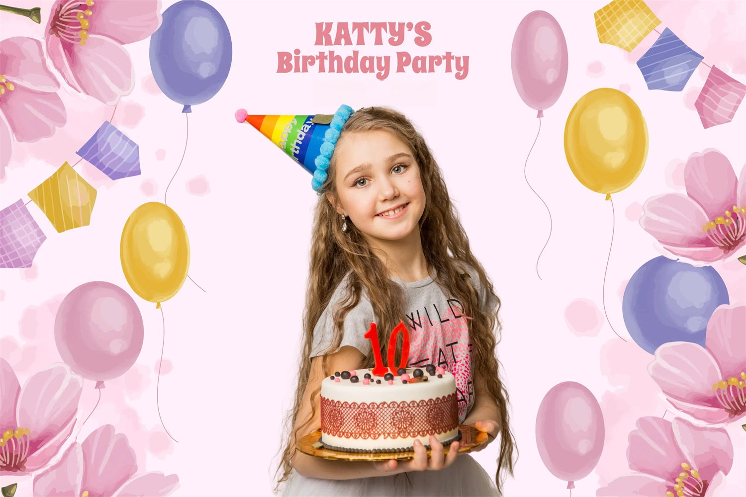 Personalisierte Geburtstag Foto-Hintergrund Pastell Blumen Ballons Backdrop GTY3-265