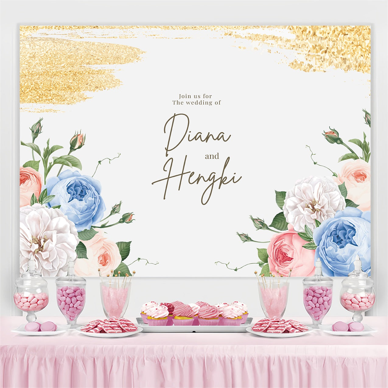 Hochzeit Backdrop Gold Sparkle Floral Personalisierte Backdrop GTY3-273