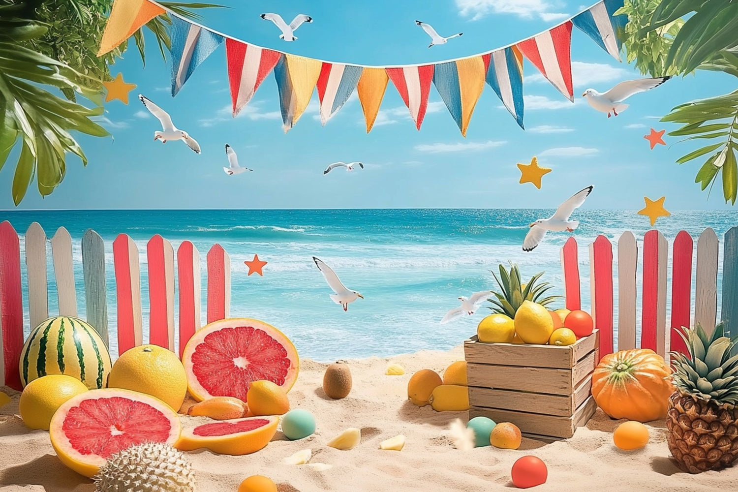 Strand Fotohintergrund Tropische Früchte Zaun Sommerhintergrund GTY3-305