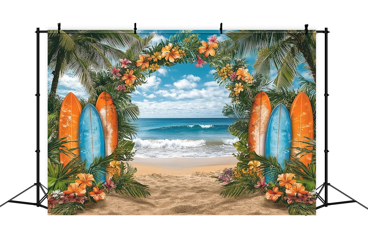 Strand Fotokulissen Tropische Blumen Surfbrett Sommerhintergrund GTY3-307