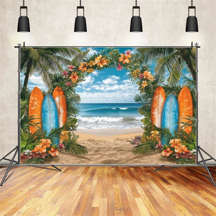 Strand Fotokulissen Tropische Blumen Surfbrett Sommerhintergrund GTY3-307