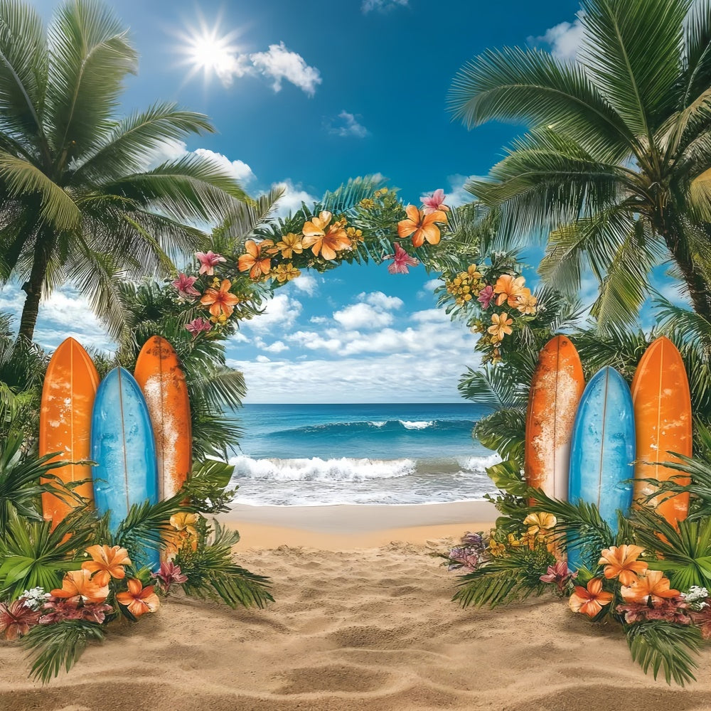 Strand Fotokulissen Tropische Blumen Surfbrett Sommerhintergrund GTY3-307