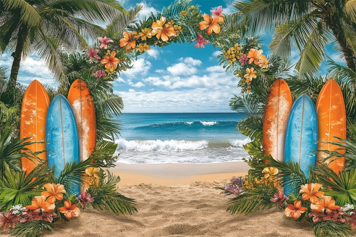 Strand Fotokulissen Tropische Blumen Surfbrett Sommerhintergrund GTY3-307