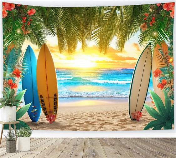 Strand Fotohintergrund Bunte Surfbretter Palmenblätter Sommerhintergrund GTY3-384