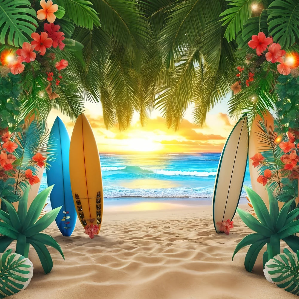 Strand Fotohintergrund Bunte Surfbretter Palmenblätter Sommerhintergrund GTY3-384