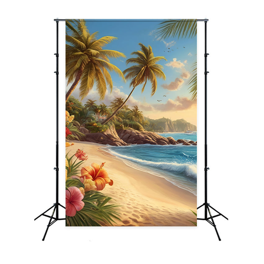 Fotohintergrund Strand Palme Küstenblumen Sommerhintergrund GTY3-386