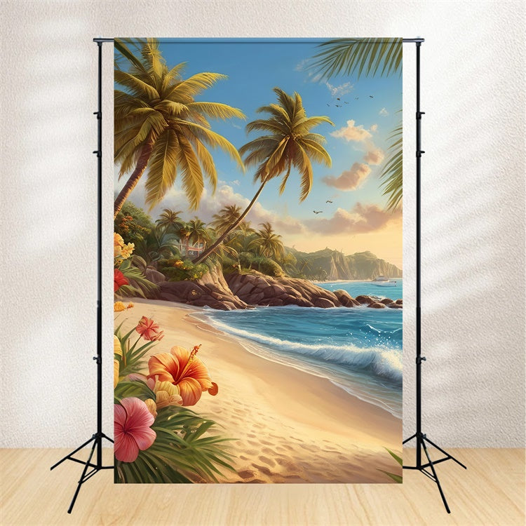 Fotohintergrund Strand Palme Küstenblumen Sommerhintergrund GTY3-386