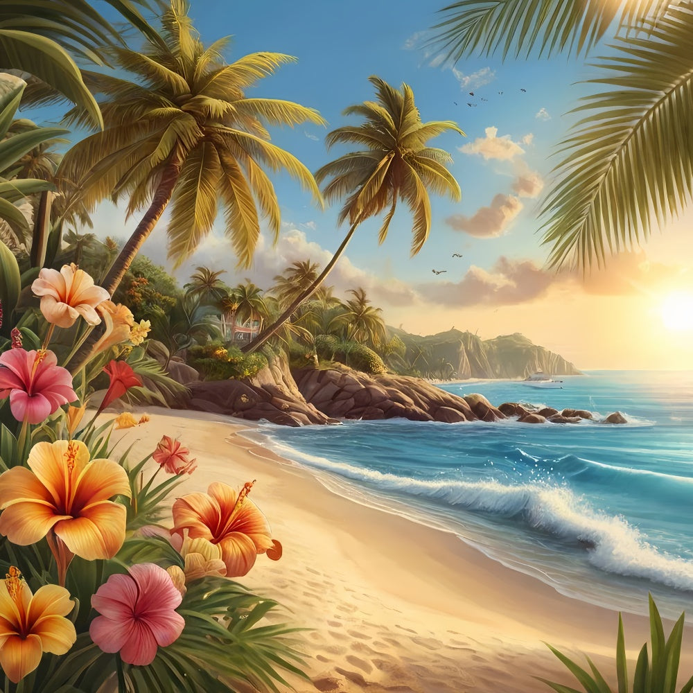 Fotohintergrund Strand Palme Küstenblumen Sommerhintergrund GTY3-386