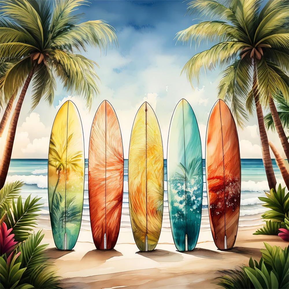 Sommer Fotohintergrund Bunte Surfbretter Palmen Himmel Hintergrund GTY3-390