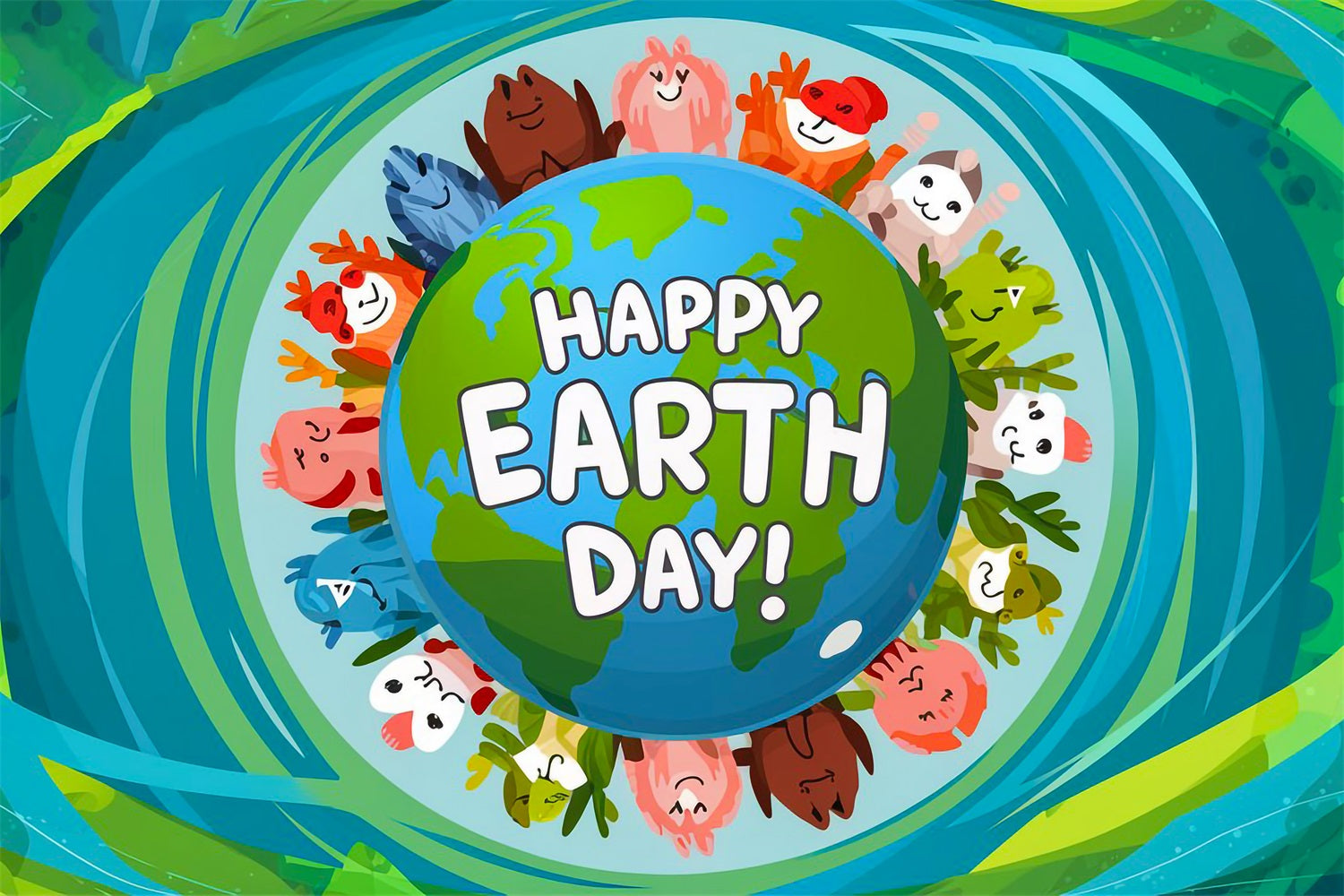 Happy Earth Day Backdrop Tierfreunde, die die Erde schützen Backdrop GTY3-50
