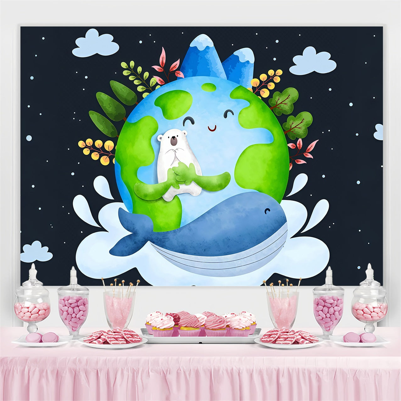 Happy Earth Day Backdrop Eisbär Wal Umweltfreundlicher Hintergrund GTY3-60