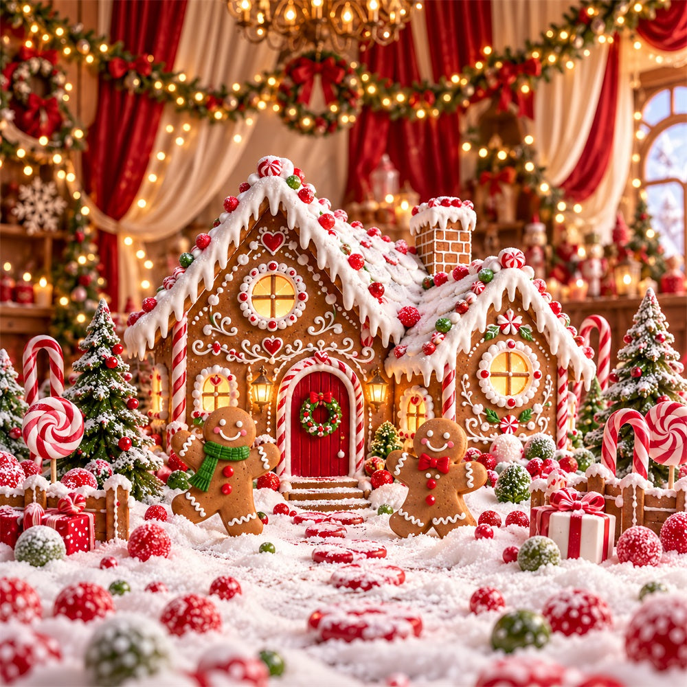 Lebkuchenhaus-Fotohintergrund Cartoon-Häuschen Süßigkeiten-Bokeh HQ610-151