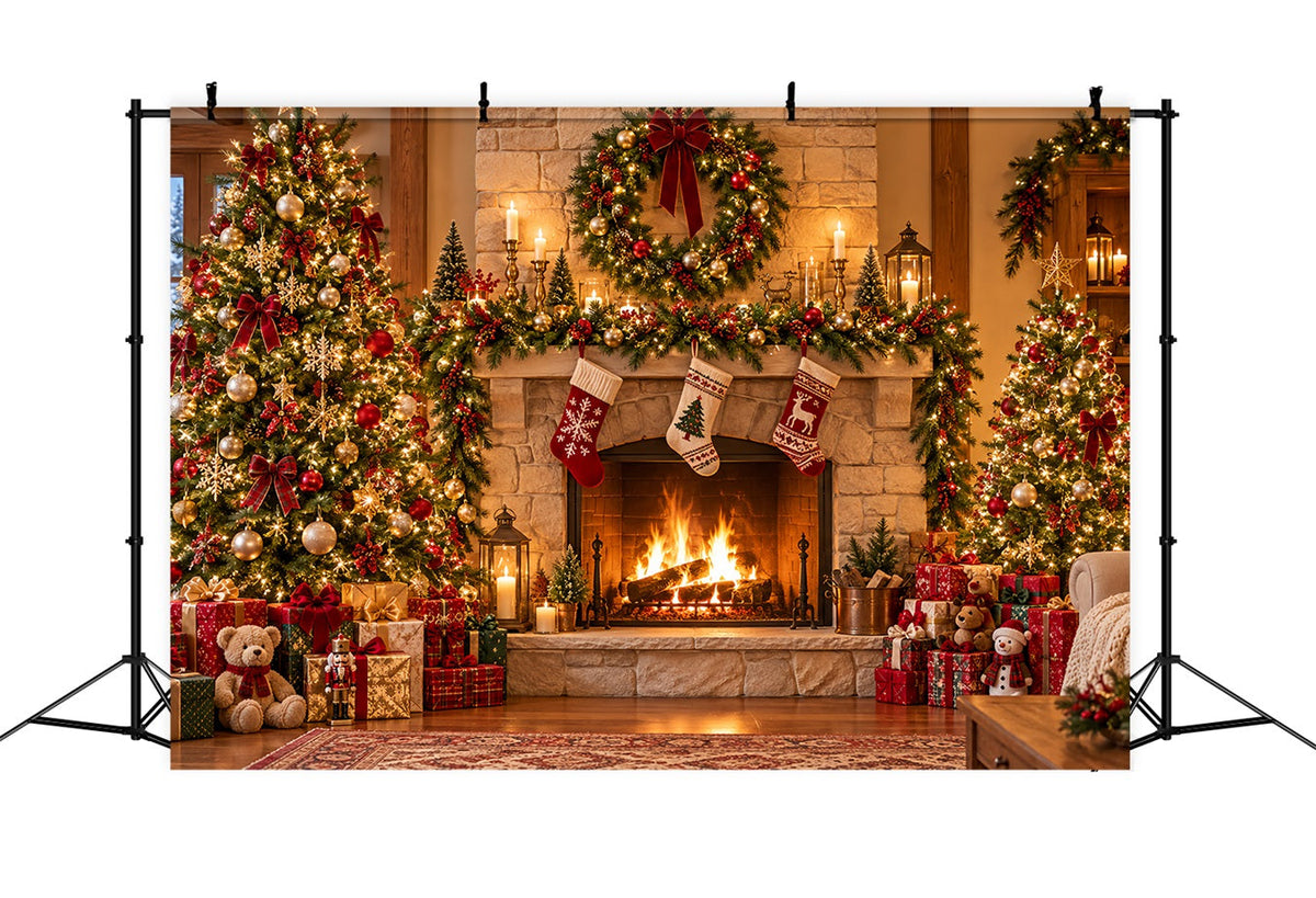 Weihnachtlicher Fotohintergrund Rustikaler Kamin Weihnachtssocken Kaminsims HQ610-153