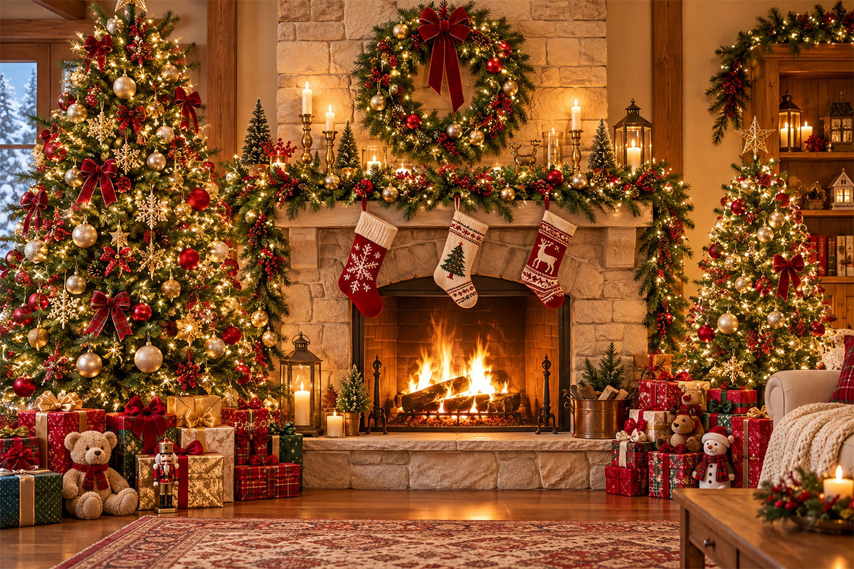 Weihnachtlicher Fotohintergrund Rustikaler Kamin Weihnachtssocken Kaminsims HQ610-153