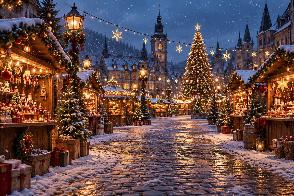 Weihnachtsstadt-Hintergrund Verschneiter Wintermarktplatz HQ610-155