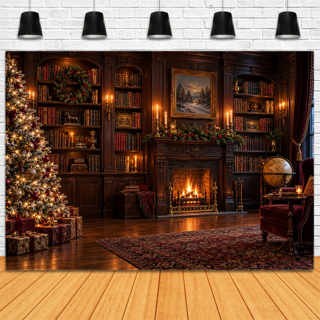 Viktorianischer Weihnachtshintergrund Vintage-Kamin Bibliothek HQ610-158