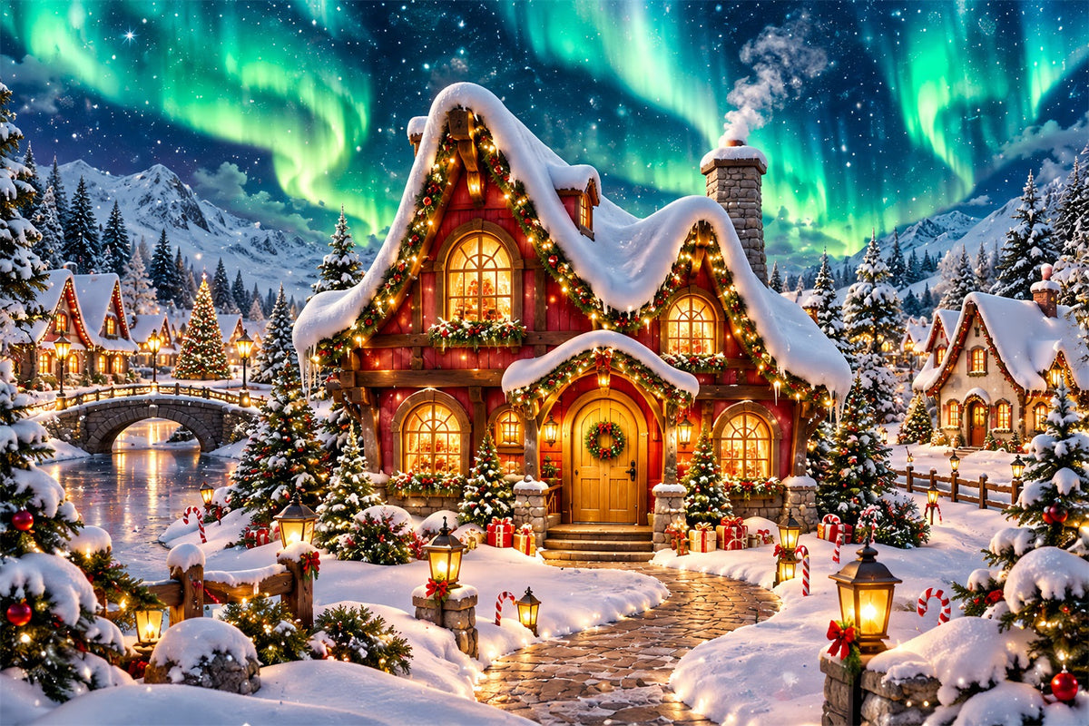 Weihnachtlicher Elfen-Hintergrund Leuchtendes Polarlicht Verschneites Häuschen HQ610-162