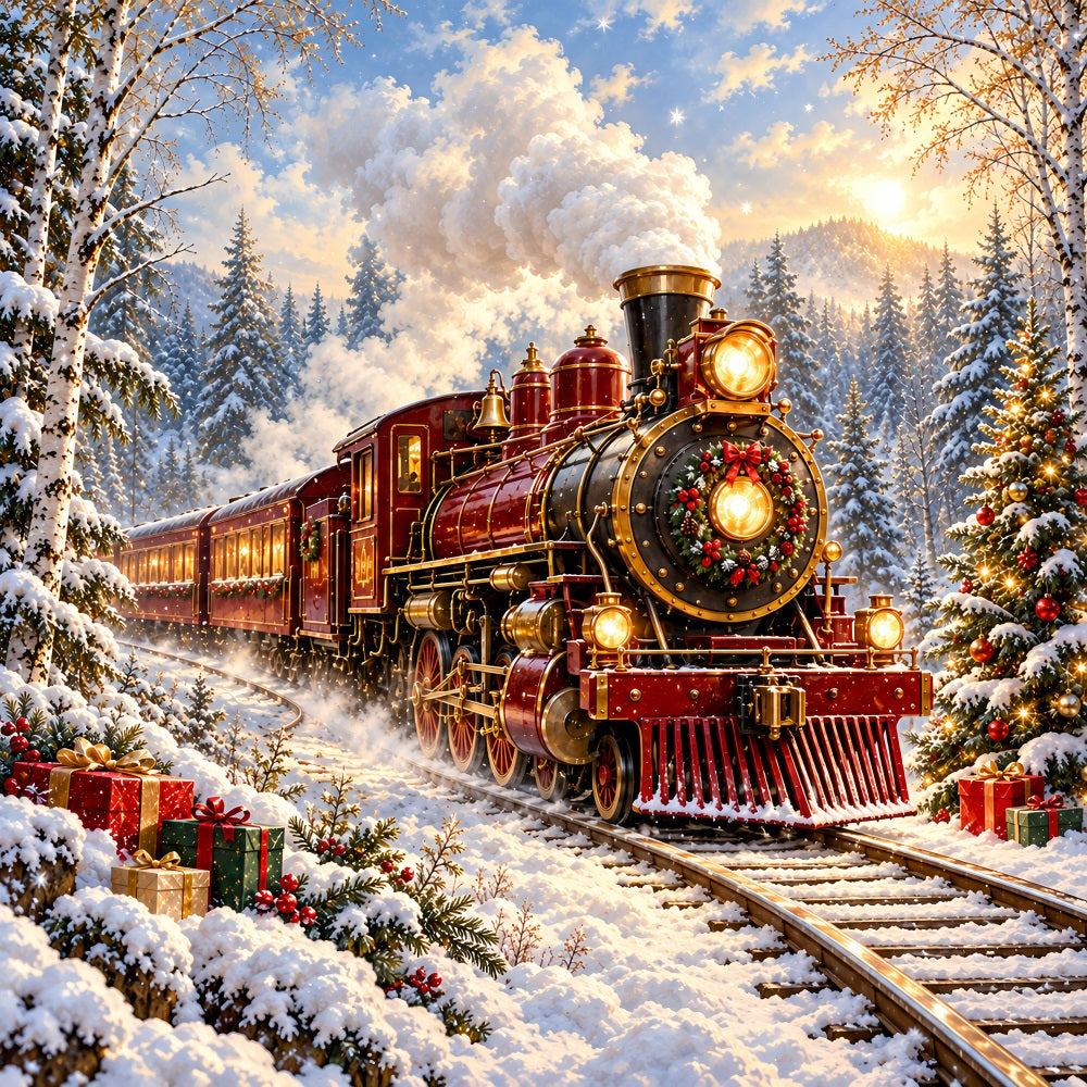 Professioneller Weihnachtshintergrund Burgunderrote Lokomotive Verschneiter Wald HQ610-167
