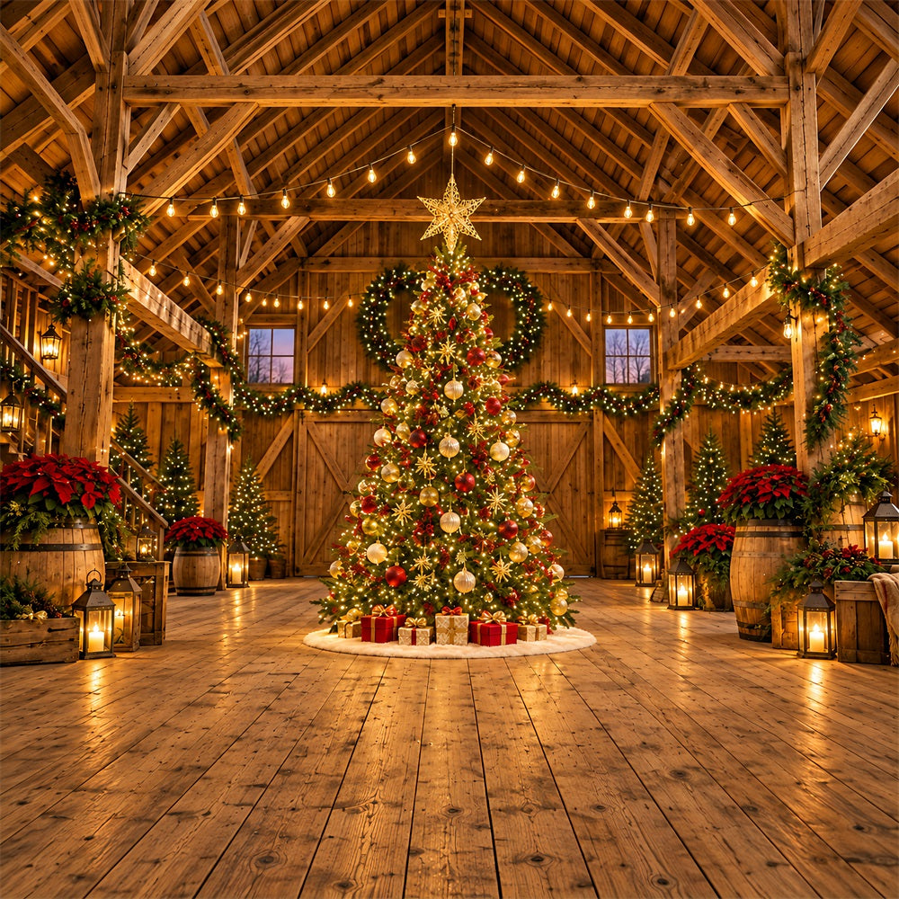 Weihnachtslichter-Fotohintergrund Rustikale Scheune Goldener Weihnachtsbaum HQ610-169