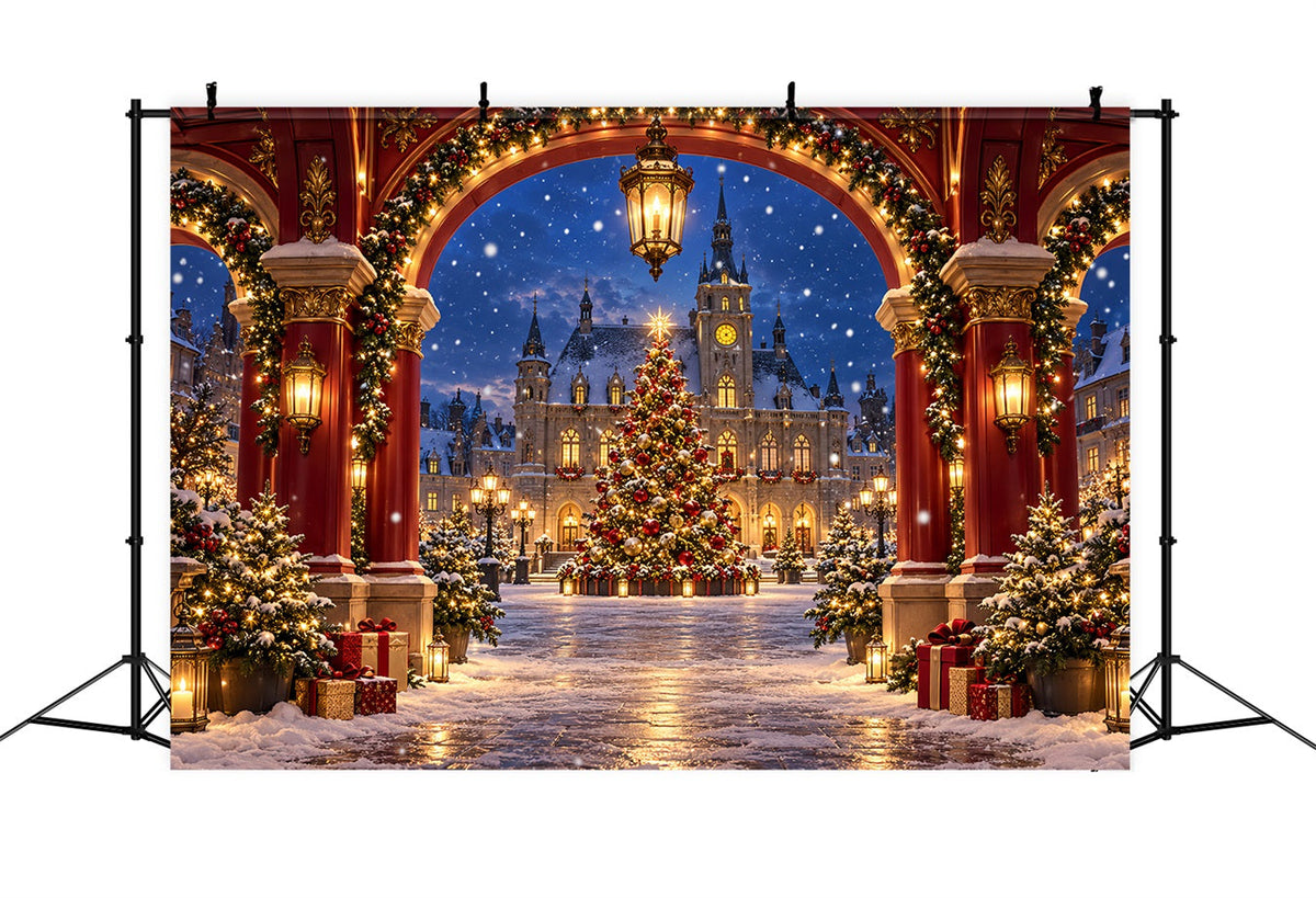 Weihnachtlicher Torbogen-Hintergrund Karmesinrotes Haus Winterdorf HQ610-170