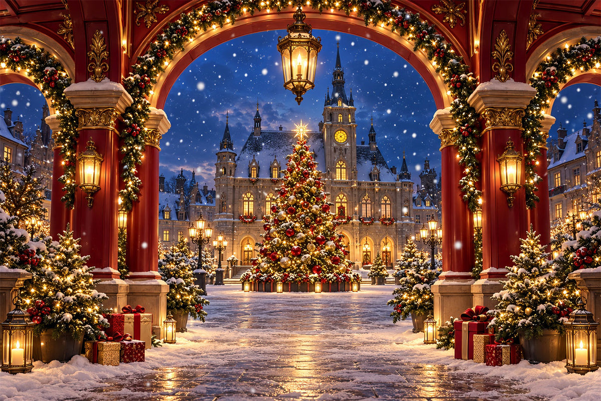 Weihnachtlicher Torbogen-Hintergrund Karmesinrotes Haus Winterdorf HQ610-170