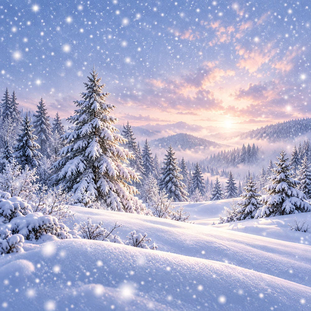Weihnachtsbaum-Hintergrund Verschneite Kiefernwaldlandschaft Sonnenuntergang HQ610-171