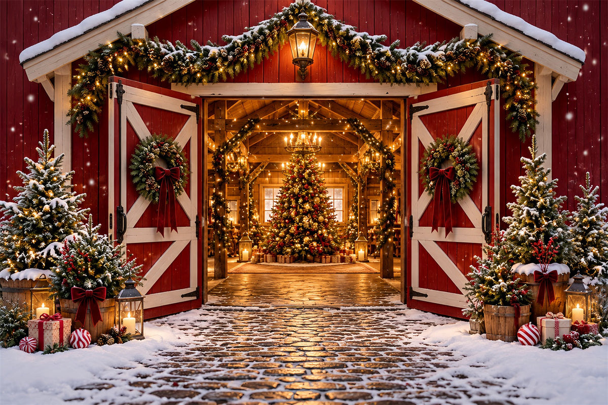 Weihnachtsbaumfarm-Hintergrund Festlicher Roter Scheuneneingang HQ610-172