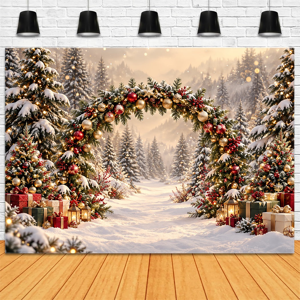 Weihnachtlicher Torbogen-Hintergrund Goldene Lichter Immergrüner Bogen HQ610-174