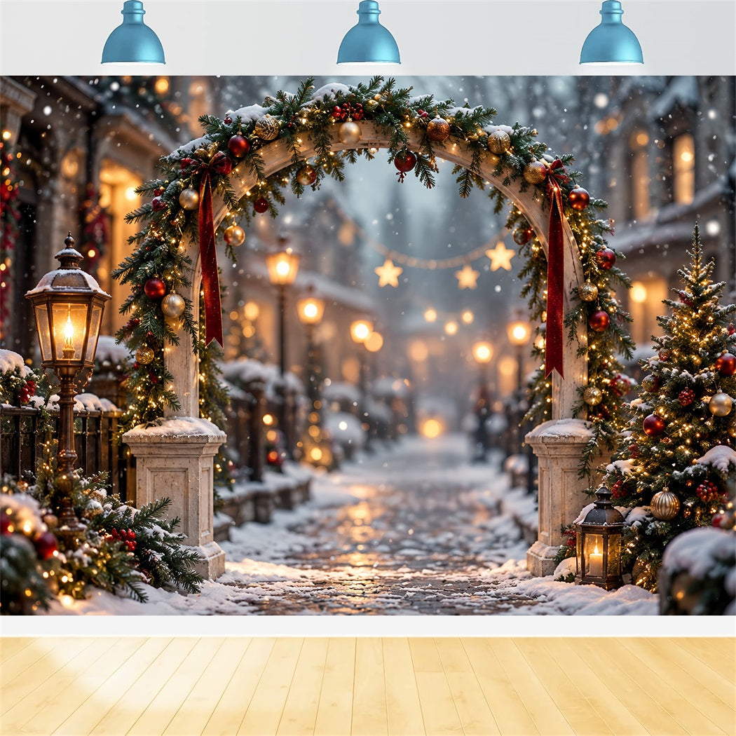Weihnachtslichter-Fotohintergrund Verschneiter Immergrüner Laternenbogen HQ610-175