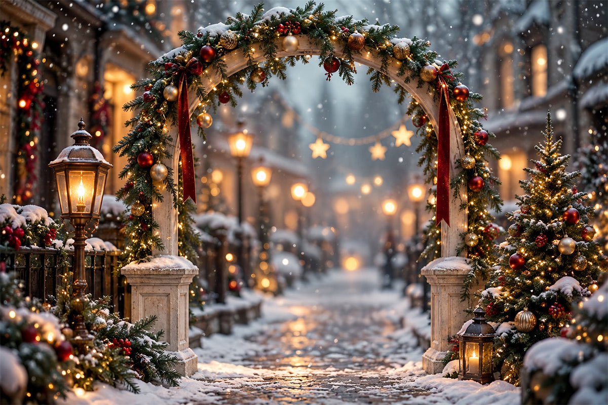 Weihnachtslichter-Fotohintergrund Verschneiter Immergrüner Laternenbogen HQ610-175