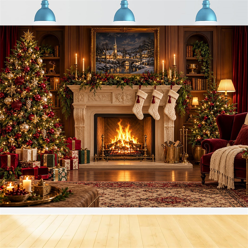 Weihnachtlicher Fotohintergrund Klassischer Kamin Weihnachtssocken HQ610-179