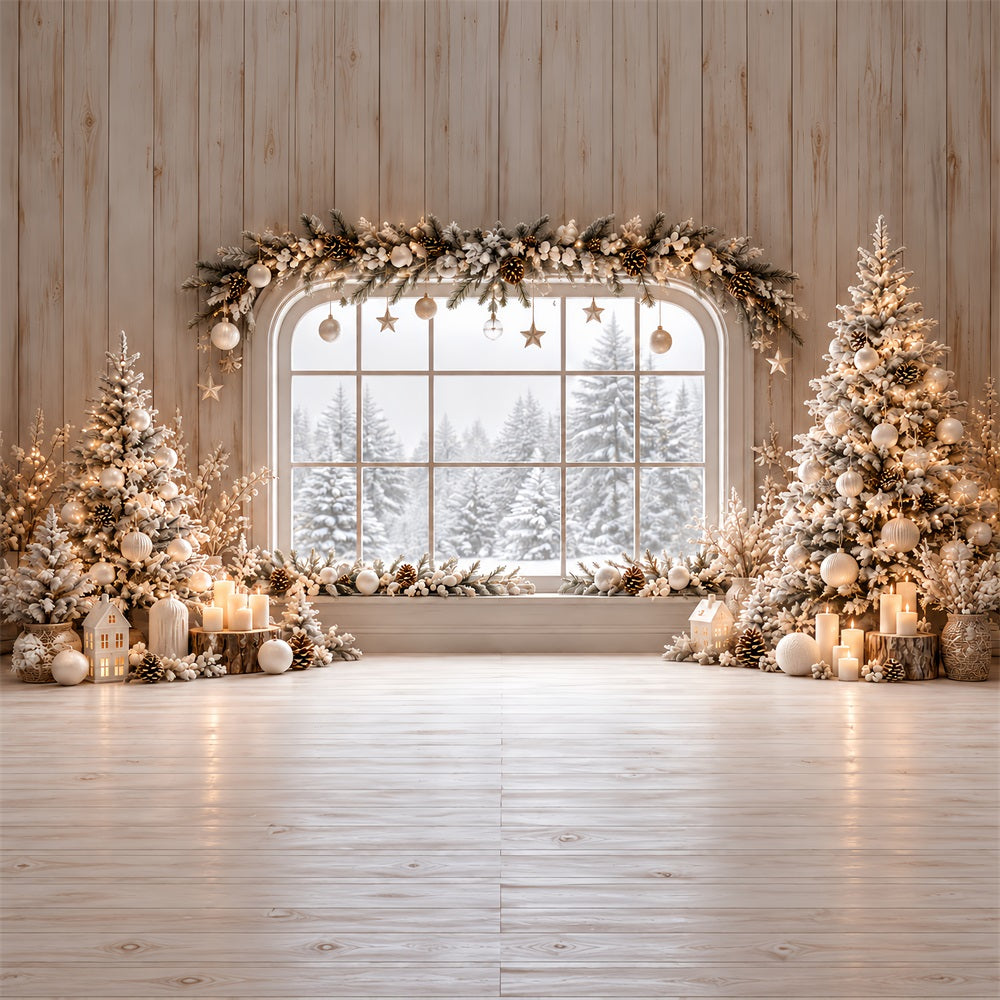 Weihnachtsfenster-Hintergrund Elfenbeinfarbene Winterhütte Girlande HQ610-180