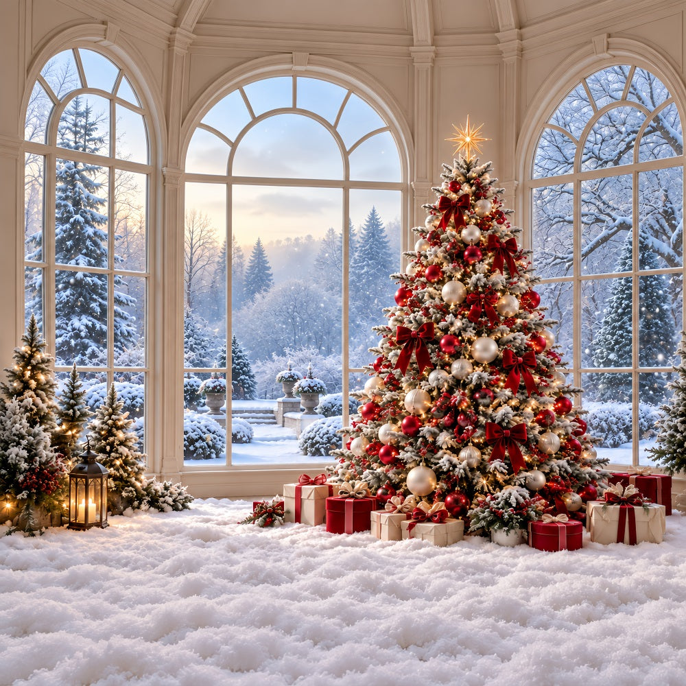 Weihnachtswald-Hintergrund Verschneites Fenster Geschmückter Baum HQ610-183