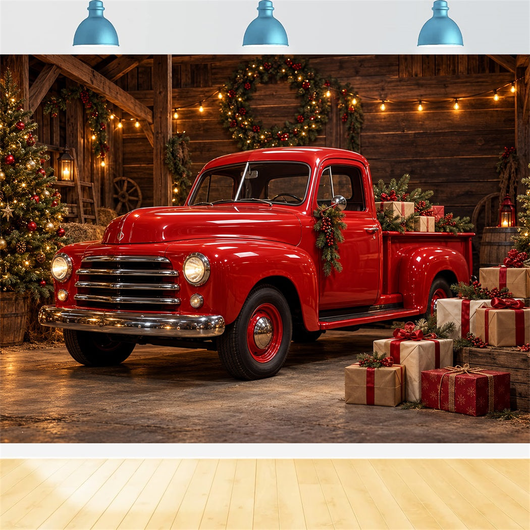 Weihnachtlicher Fotohintergrund Vintage Roter Truck Scheune HQ610-184