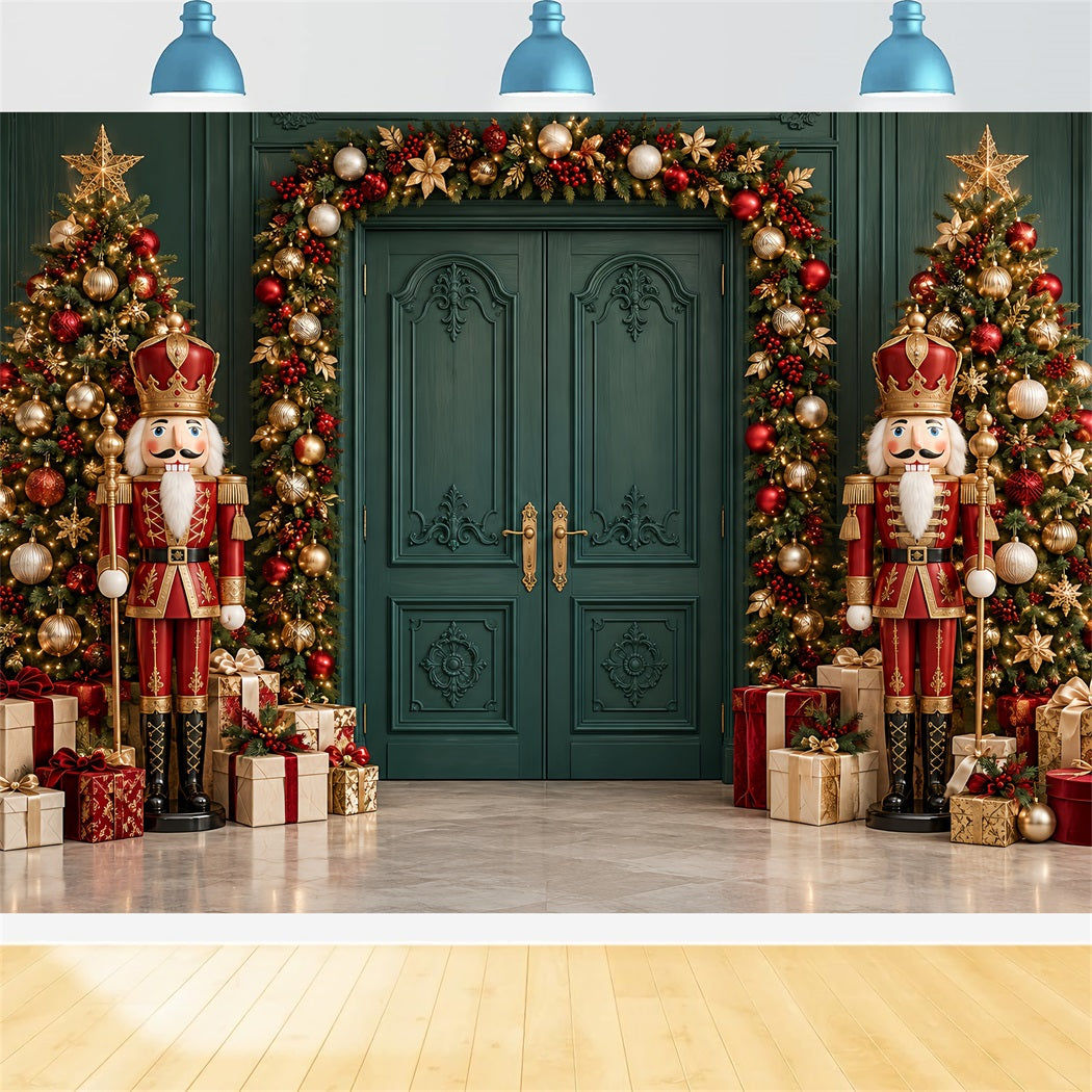 Weihnachtlicher Hintergrund Smaragdgrüne Tür Girlanden-Auslage Nussknacker HQ610-186