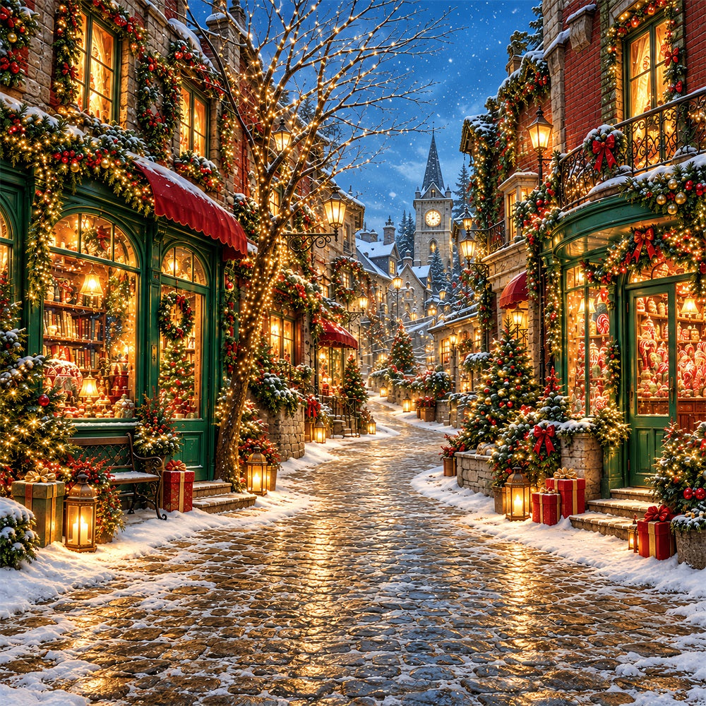 Weihnachtsdorf-Hintergrund Verschneite Laternen-Einkaufsstraße HQ610-189