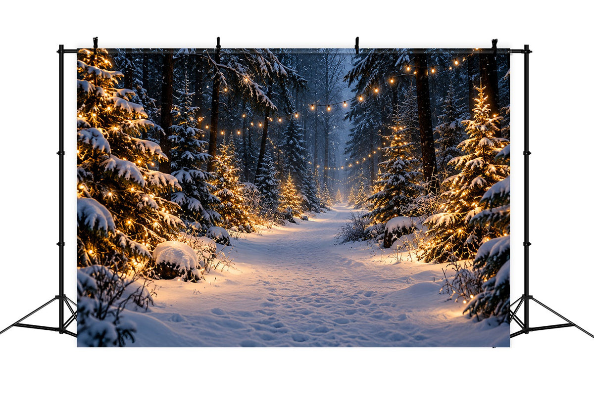 Weihnachtsbaumfarm-Fotohintergrund Leuchtender Verschneiter Waldweg HQ610-190