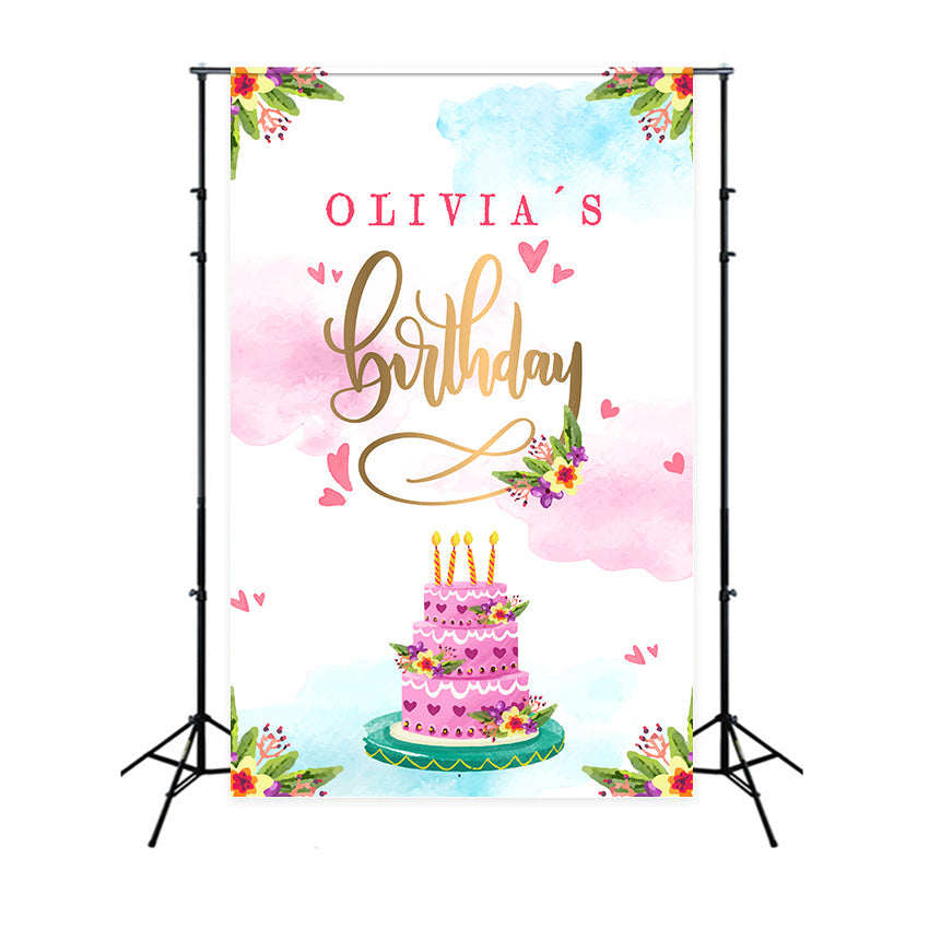 Personalisierte Geburtstag Backdrop Aquarell Kuchen Blume Backdrop LXX1-225