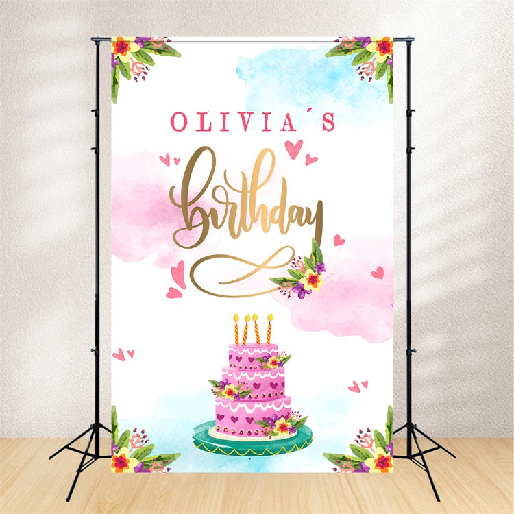 Personalisierte Geburtstag Backdrop Aquarell Kuchen Blume Backdrop LXX1-225