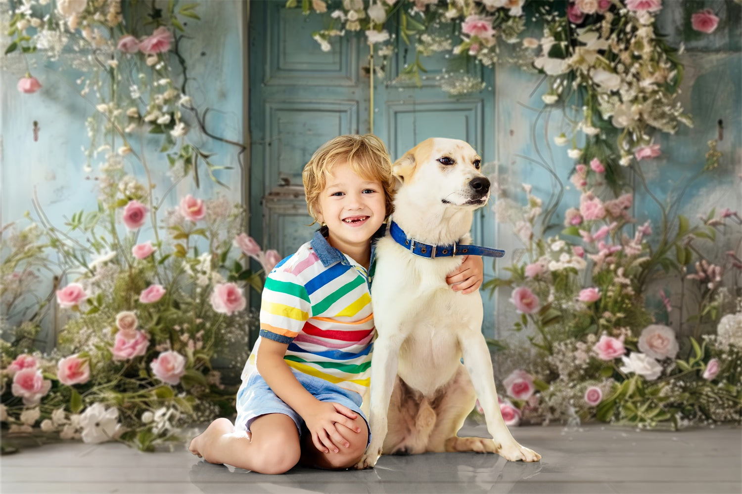 Haustierfotografie Hintergrundkulissen Blaue Tür Elegante Blüten Hintergrund LXX1-252
