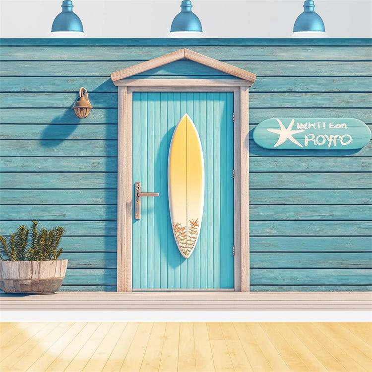 Haustierfotografie Hintergrund Seaside Blaue Tür Surfbrett Hintergrund LXX1-296