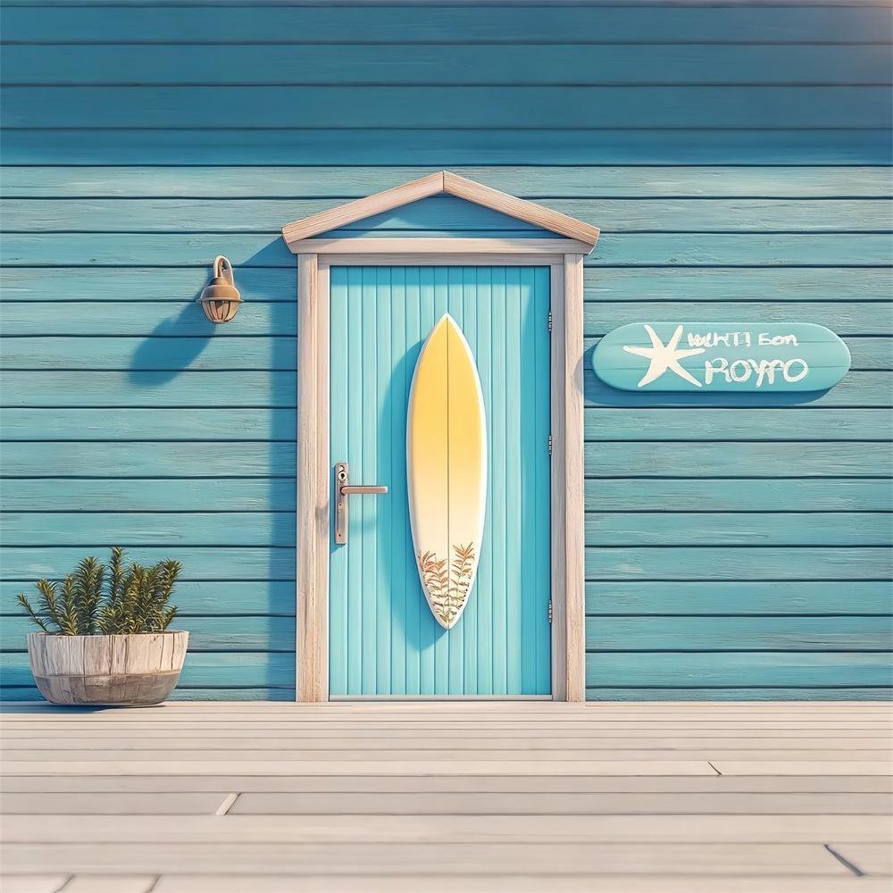 Haustierfotografie Hintergrund Seaside Blaue Tür Surfbrett Hintergrund LXX1-296