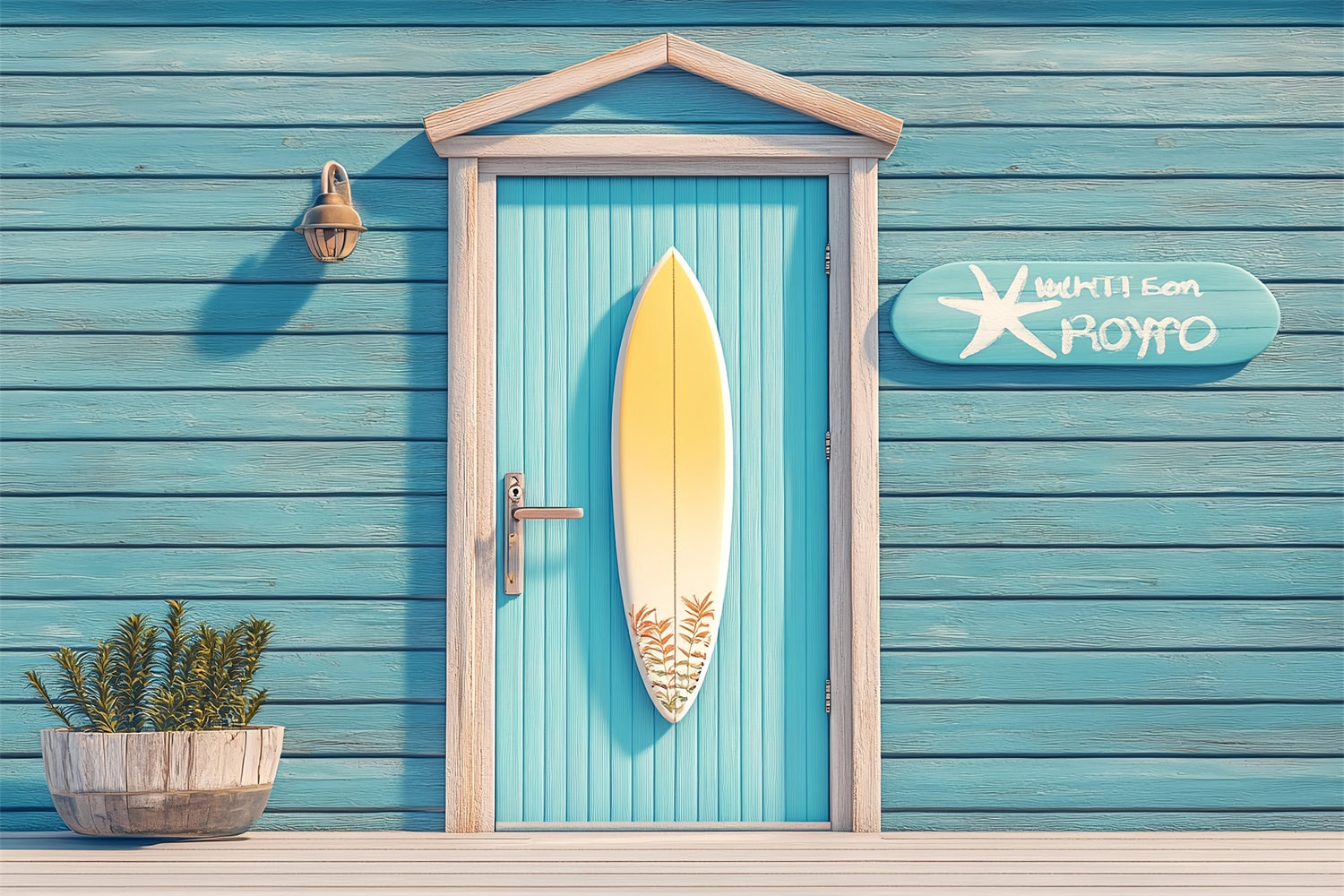 Haustierfotografie Hintergrund Seaside Blaue Tür Surfbrett Hintergrund LXX1-296