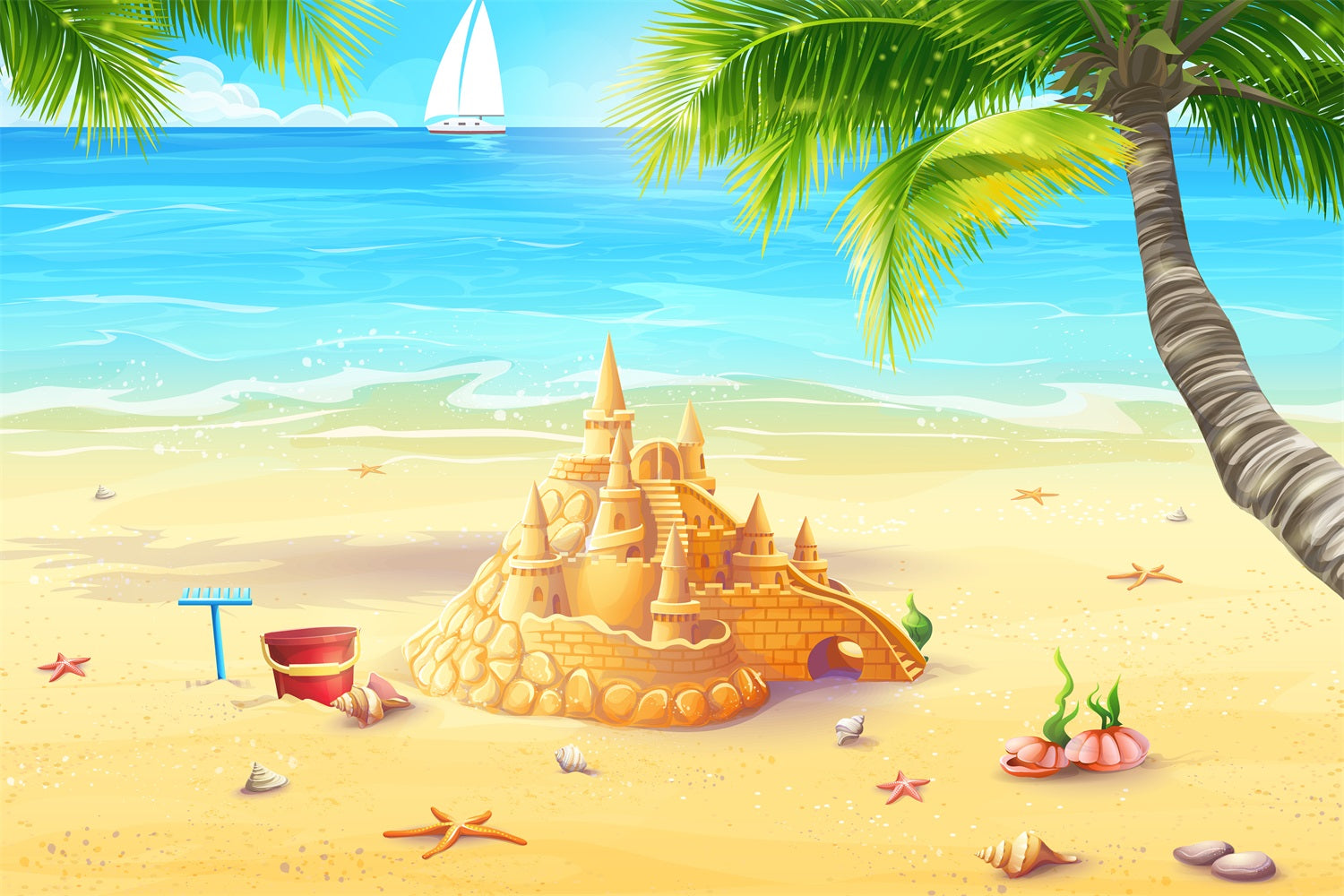 Ozean Himmel Backdrop Goldene Sandburg Sonniger Ozean Backdrop LXX1-309