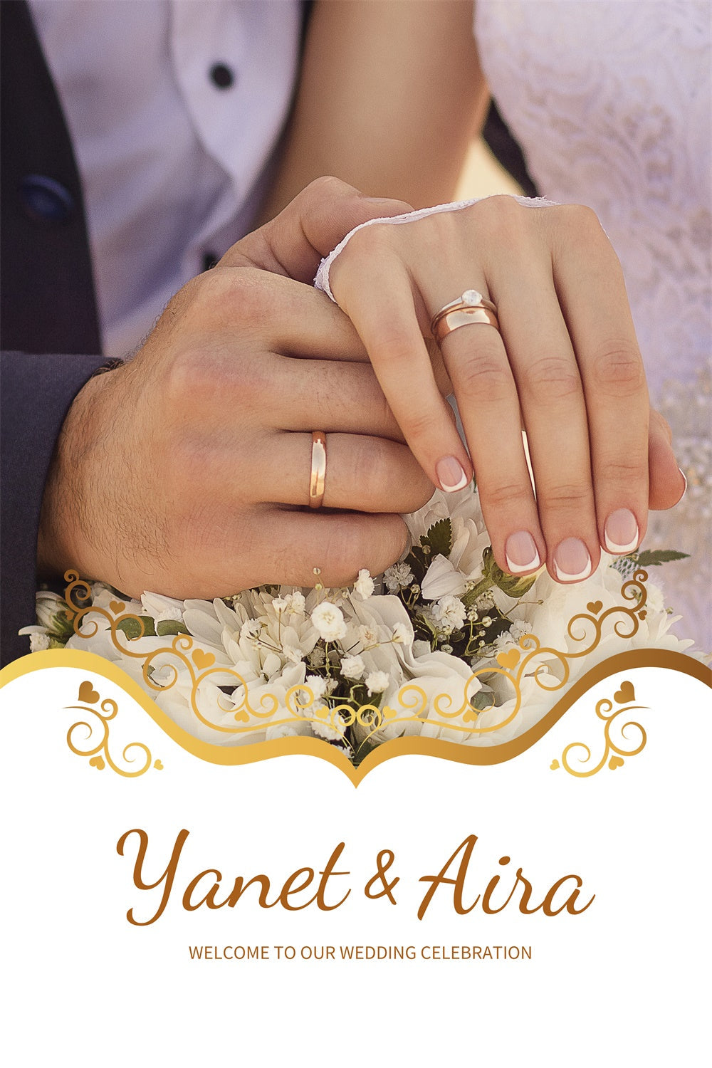 Individuelle Kulisse für Hochzeit Elegante Blumen Goldene Ringe Hintergrund LXX2-162