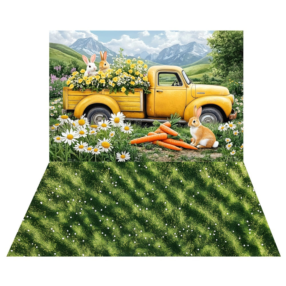 Ostern Gänseblümchen Bauernhof LKW Hintergrund+Frisches Gras Boden Hintergrund LXX2-19