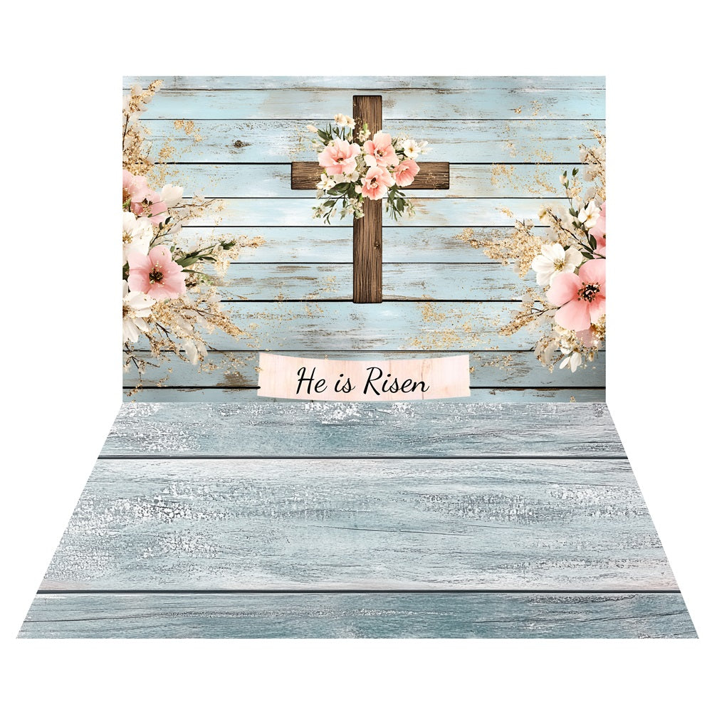 Ostern Floral Holzkreuz Hintergrund+Hellblauer Boden Hintergrund LXX2-210