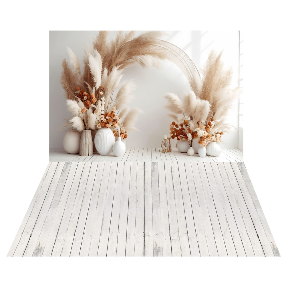 Boho Pampas Floral Arch Hintergrund+Whitewashed Wood Floor Hintergrund LXX2-212
