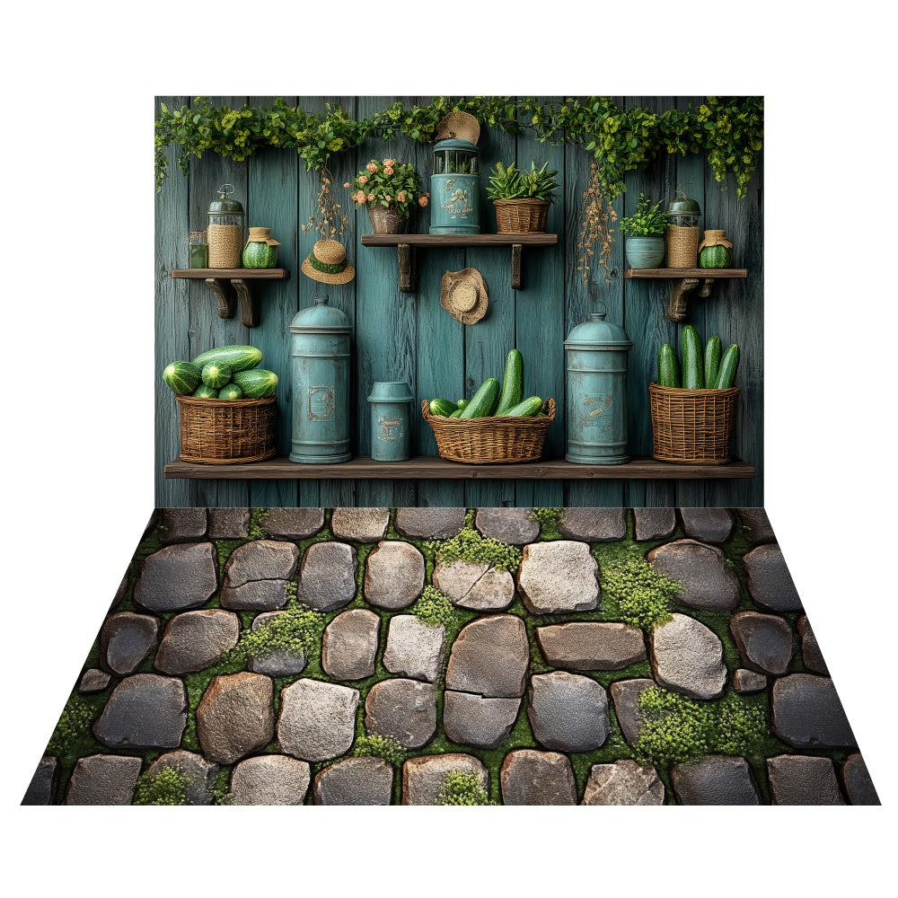 Frühling Küchenregale Hintergrund+Rustikaler Steinboden Hintergrund LXX2-22