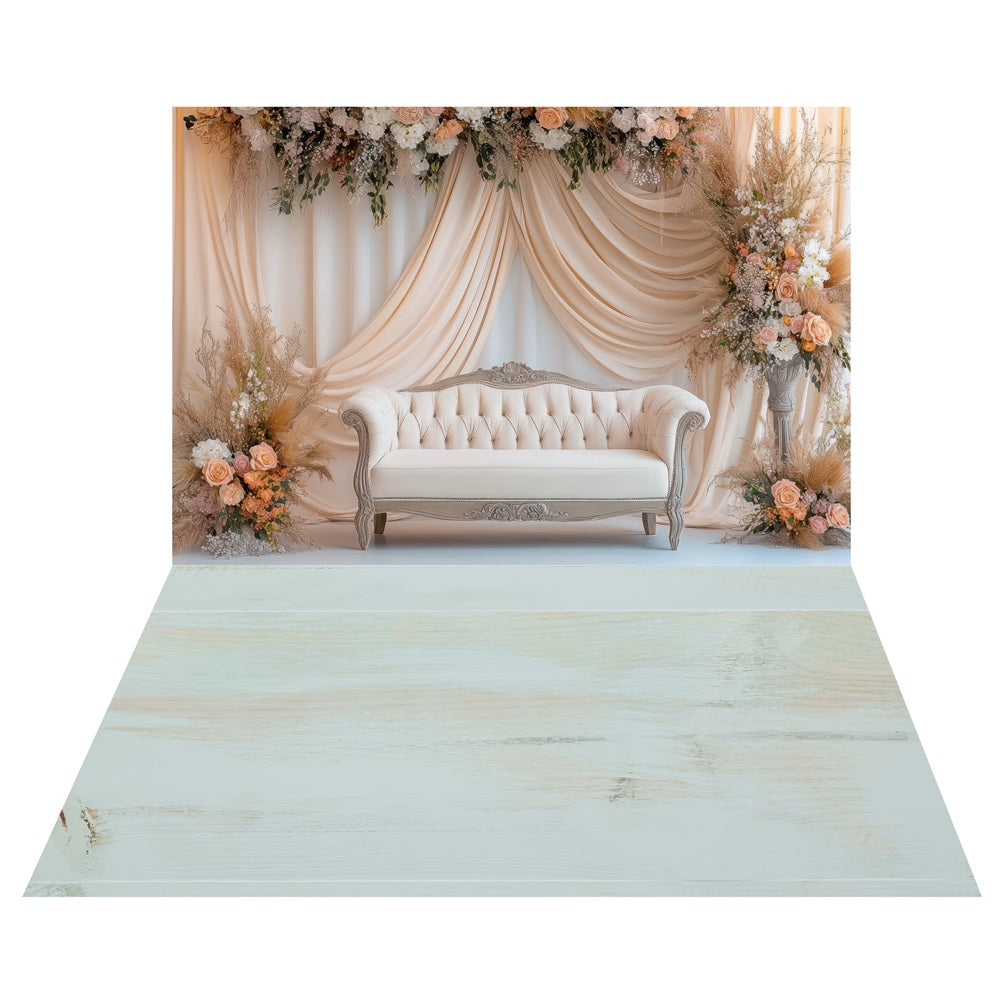 Floral Drapes Sofa Hintergrund+Rustikaler Boden Hintergrund in Blau LXX2-226